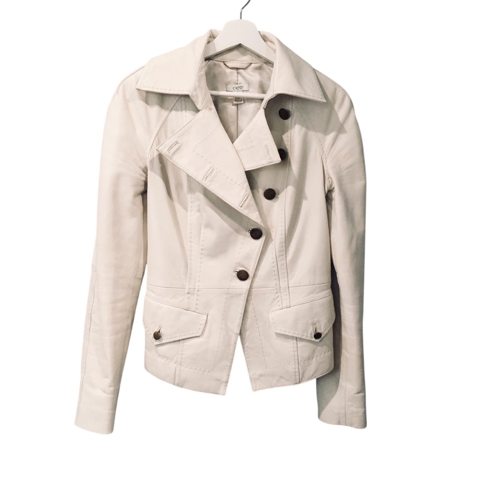 Cache 100% Leather Cream/Ivory Button Asymmetrical Jacket Jacket 2 - Picture 4 of 5